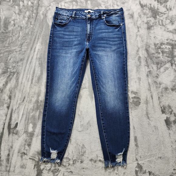Kancan Jeans Womens 18 Blue Skinny High Rise Dark Wash Ripped Hem Stretch Denim - Picture 1 of 14